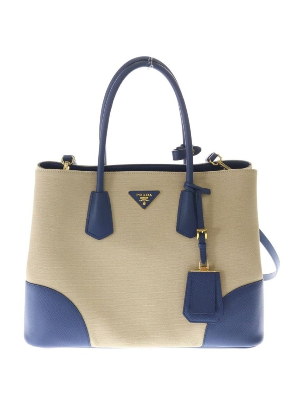 Prada Canapa City Tote Shoulder Bag 2-Way Saffiano Leather Canvas Blue Beige